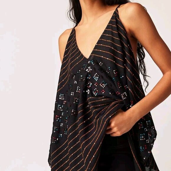 Free People Tops - Free People Ibiza Haze Tank Tunic Top Sequin Embellished Black Hi Low M NWT